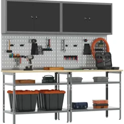 vidaXL Werkbankset met plank 8 pcs Zwart en Grijs Gepoedercoat staal