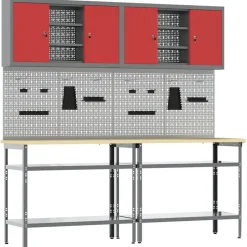 vidaXL Werkbankset met plank 8 pcs Rood en Grijs Gepoedercoat staal