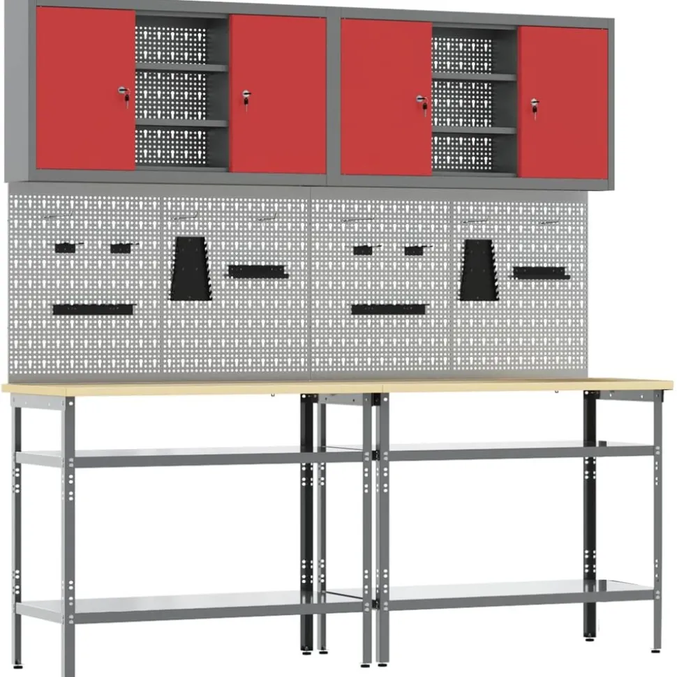 vidaXL Werkbankset met plank 8 pcs Rood en Grijs Gepoedercoat staal