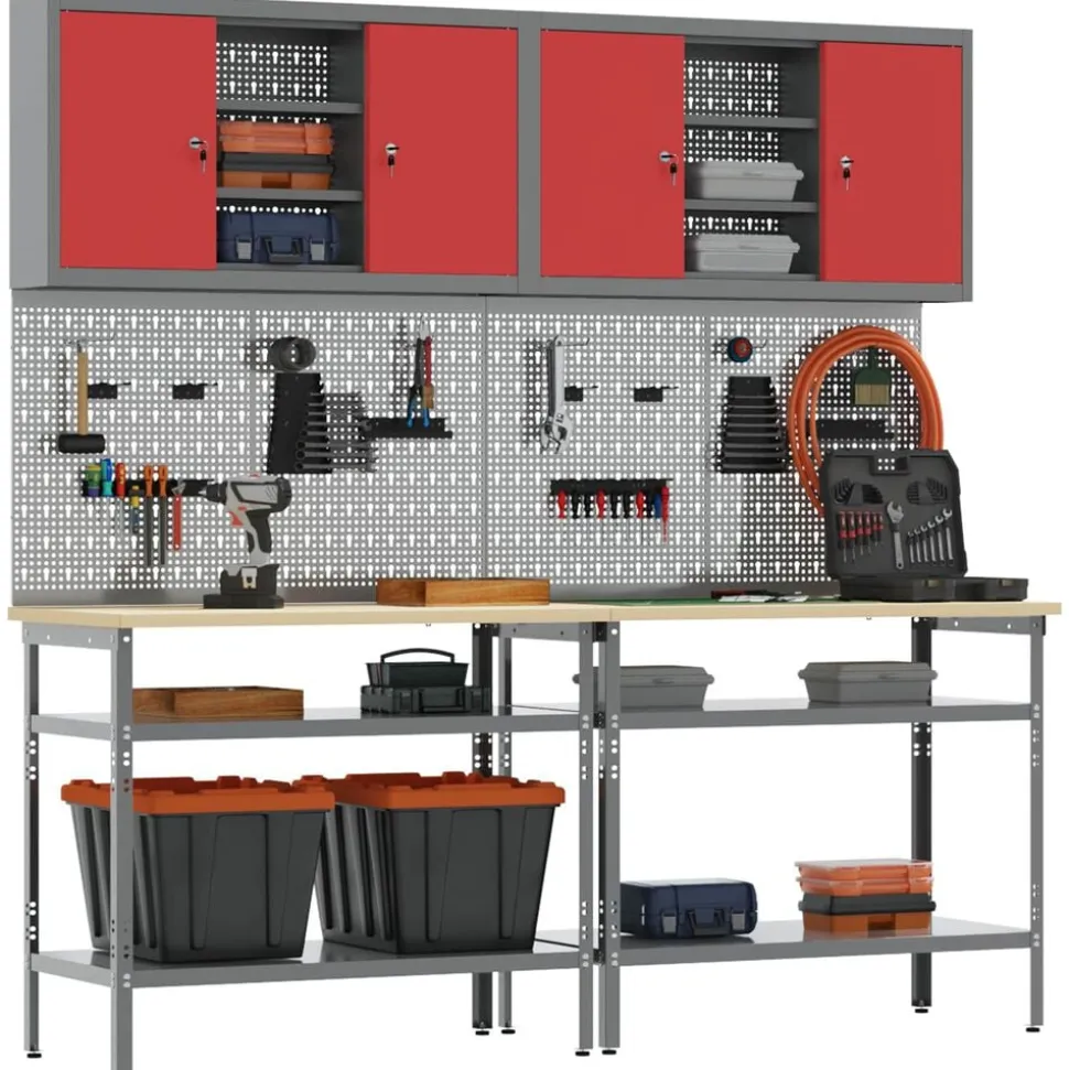 vidaXL Werkbankset met plank 8 pcs Rood en Grijs Gepoedercoat staal