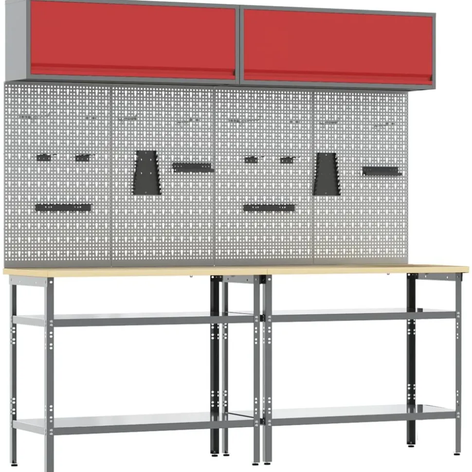 vidaXL Werkbankset met plank 8 pcs Rood en Grijs Gepoedercoat staal