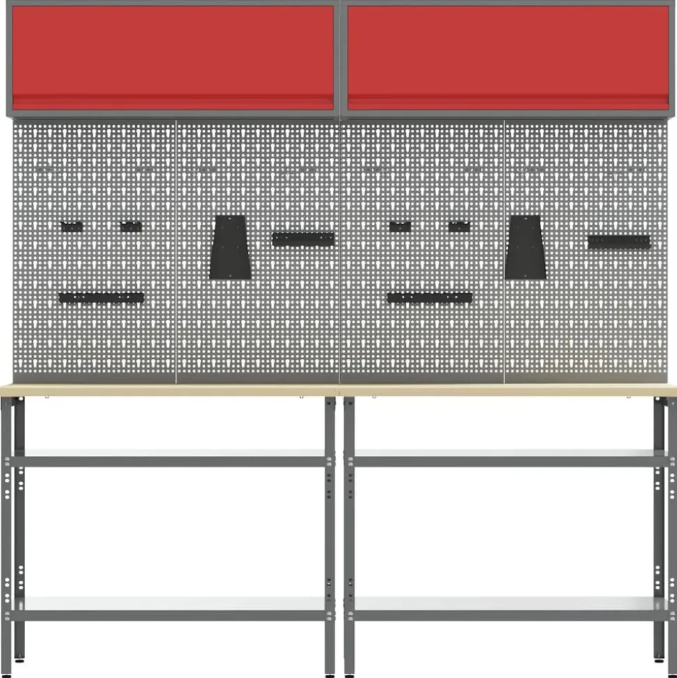 vidaXL Werkbankset met plank 8 pcs Rood en Grijs Gepoedercoat staal