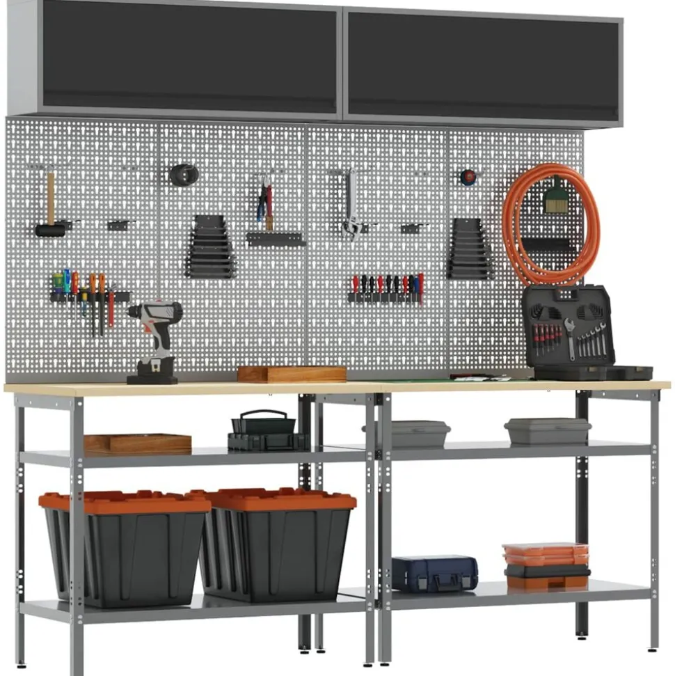 vidaXL Werkbankset met plank 8 pcs Zwart en Grijs Gepoedercoat staal