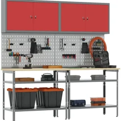 vidaXL Werkbankset met plank 8 pcs Rood en Grijs Gepoedercoat staal