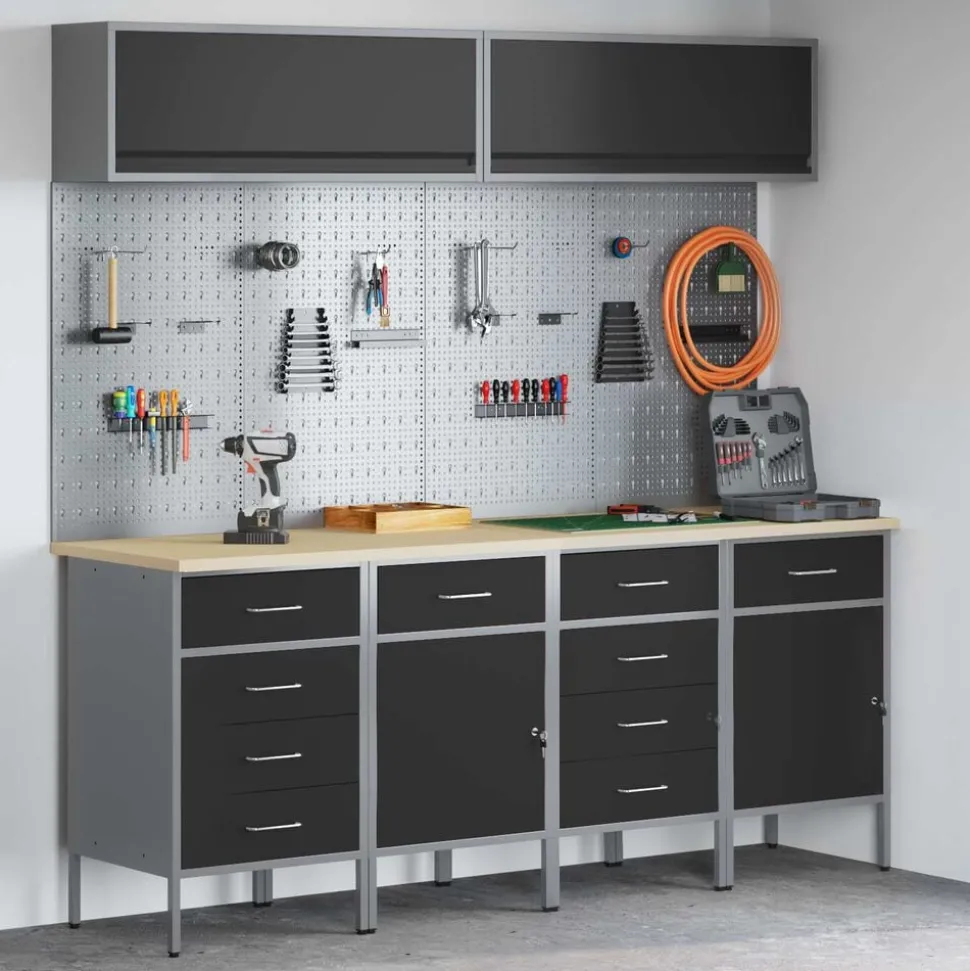 vidaXL Werkkast set met lade met opslag met slot 10 pcs Zwart