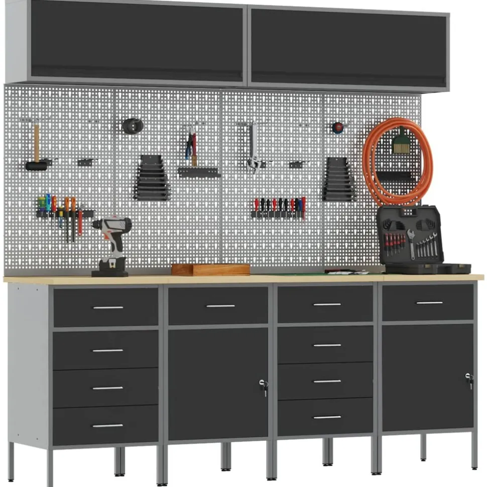 vidaXL Werkkast set met lade met opslag met slot 10 pcs Zwart