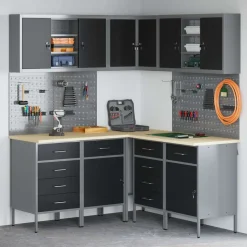 vidaXL Werkkast set met lade met plank met slot 12 pcs Zwart en Grijs