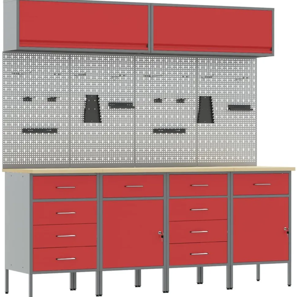 vidaXL Werkkast set met lade met opslag met slot 10 pcs Rood