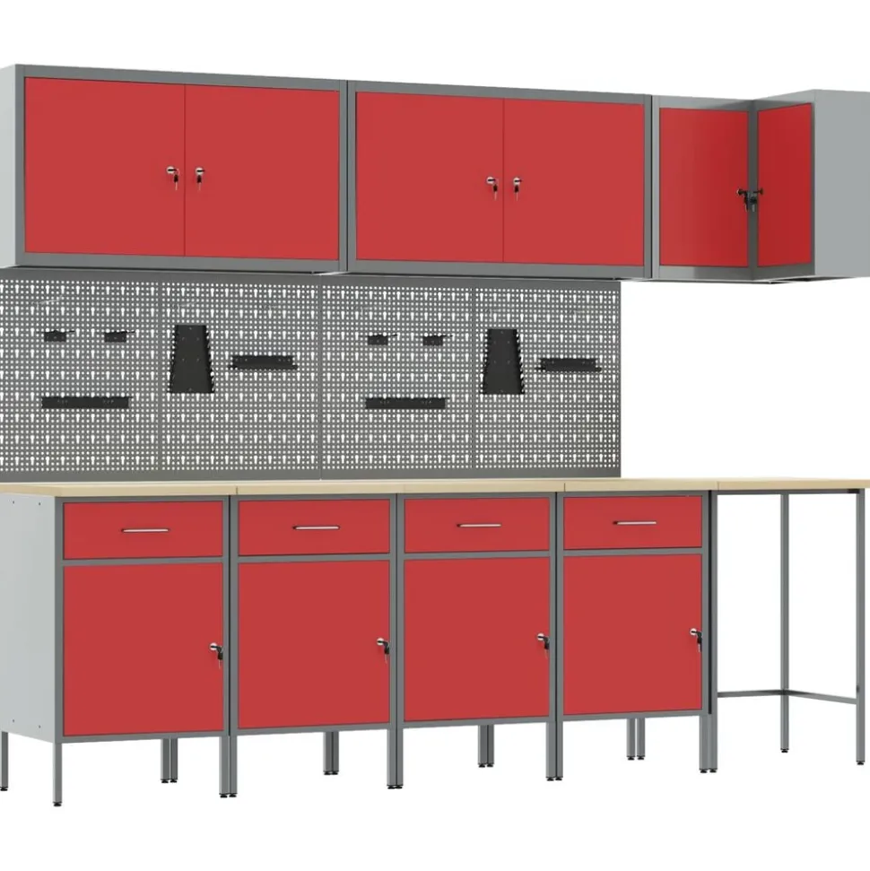 vidaXL Werkkast set met lade met plank met opslag 12 pcs Rood en Grijs
