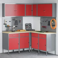 vidaXL Werkkast set met lade met plank met opslag 12 pcs Rood en Grijs