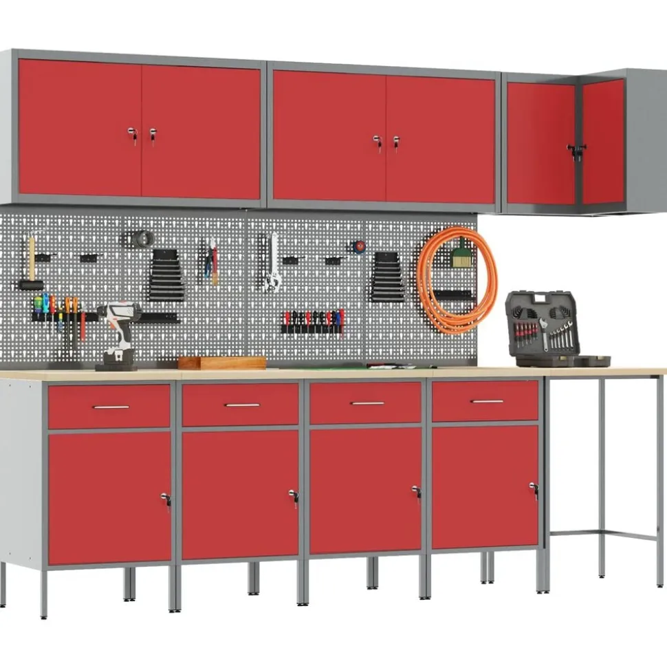 vidaXL Werkkast set met lade met plank met opslag 12 pcs Rood en Grijs