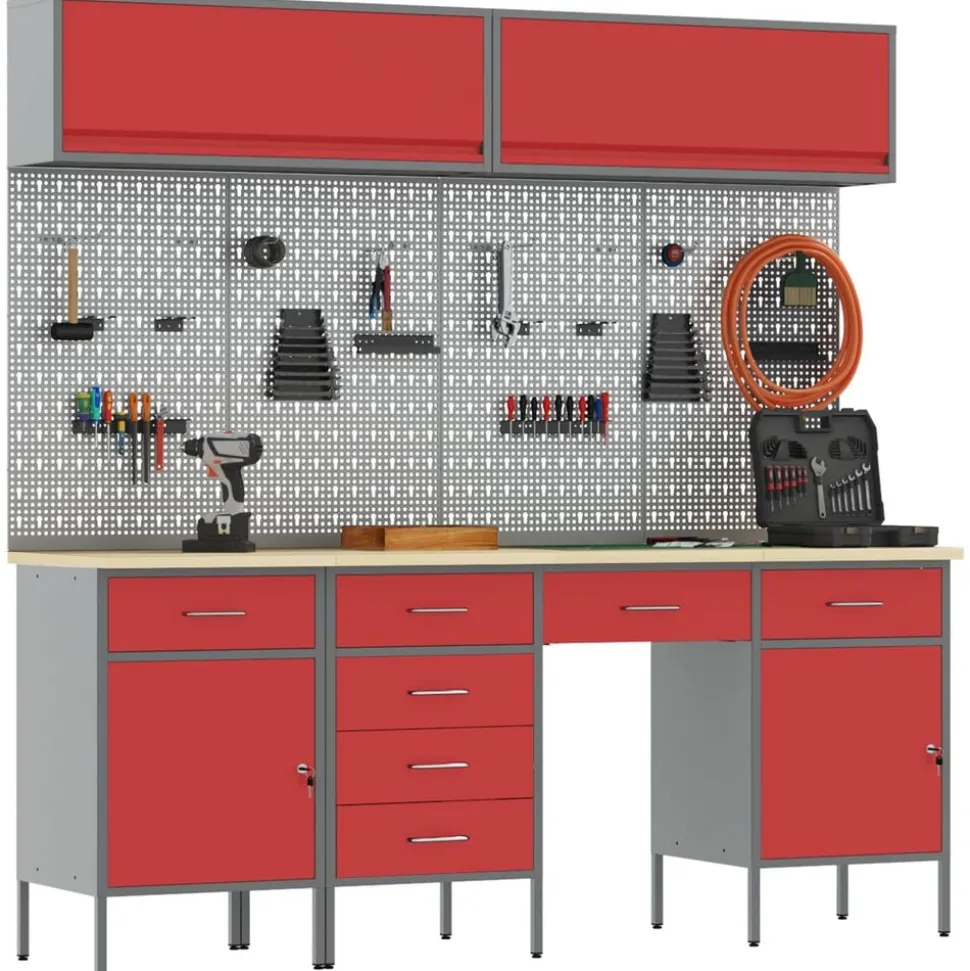 vidaXL Werkkast set met lade met opslag met slot 10 pcs Rood