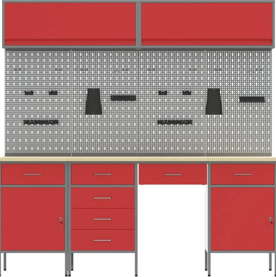 vidaXL Werkkast set met lade met opslag met slot 10 pcs Rood