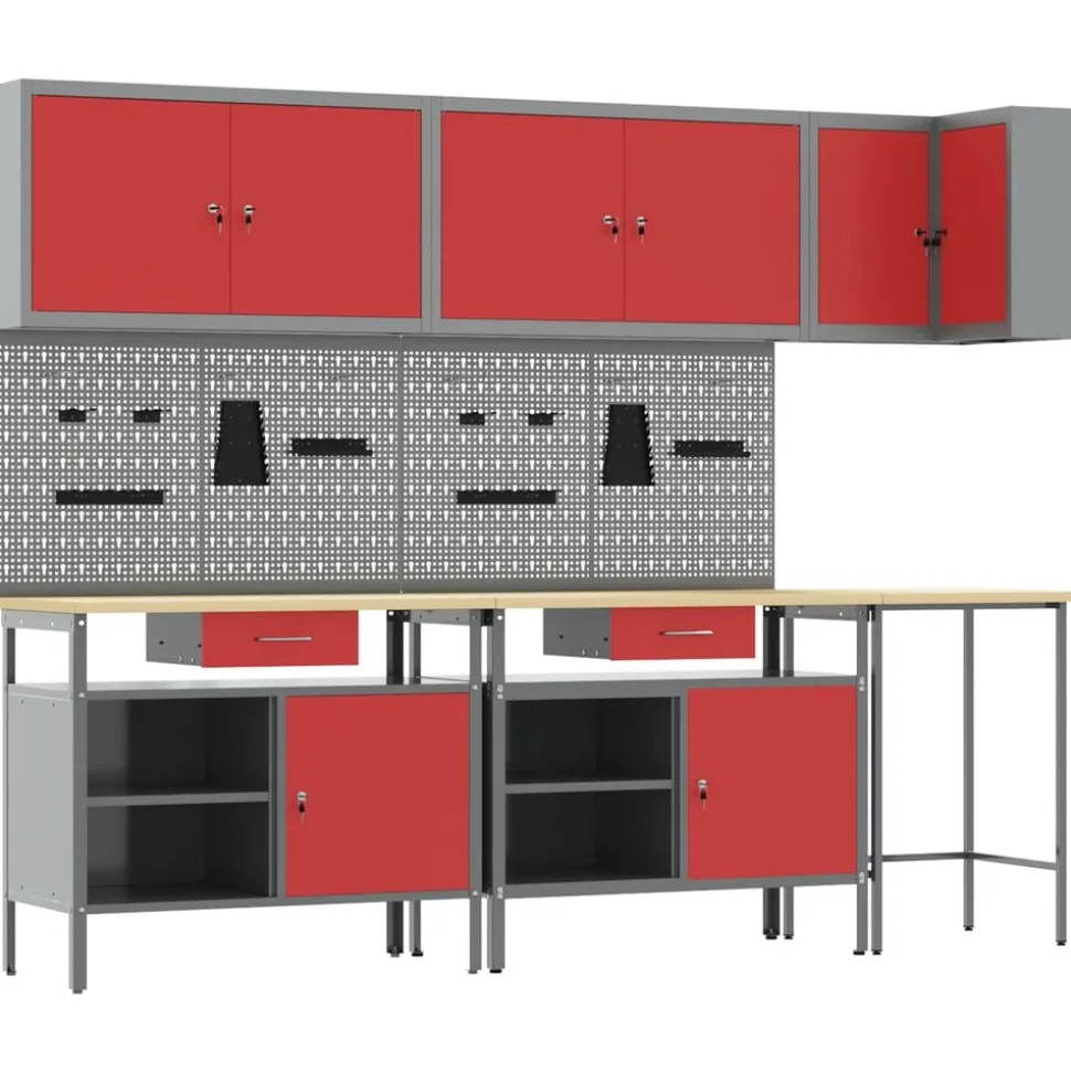 vidaXL Werkkast set met lade met plank met opslag 10 pcs Rood en Grijs