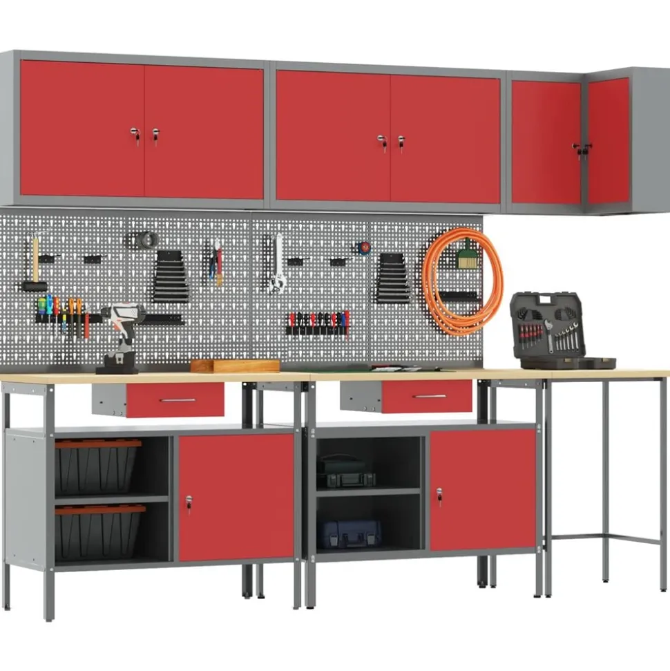 vidaXL Werkkast set met lade met plank met opslag 10 pcs Rood en Grijs