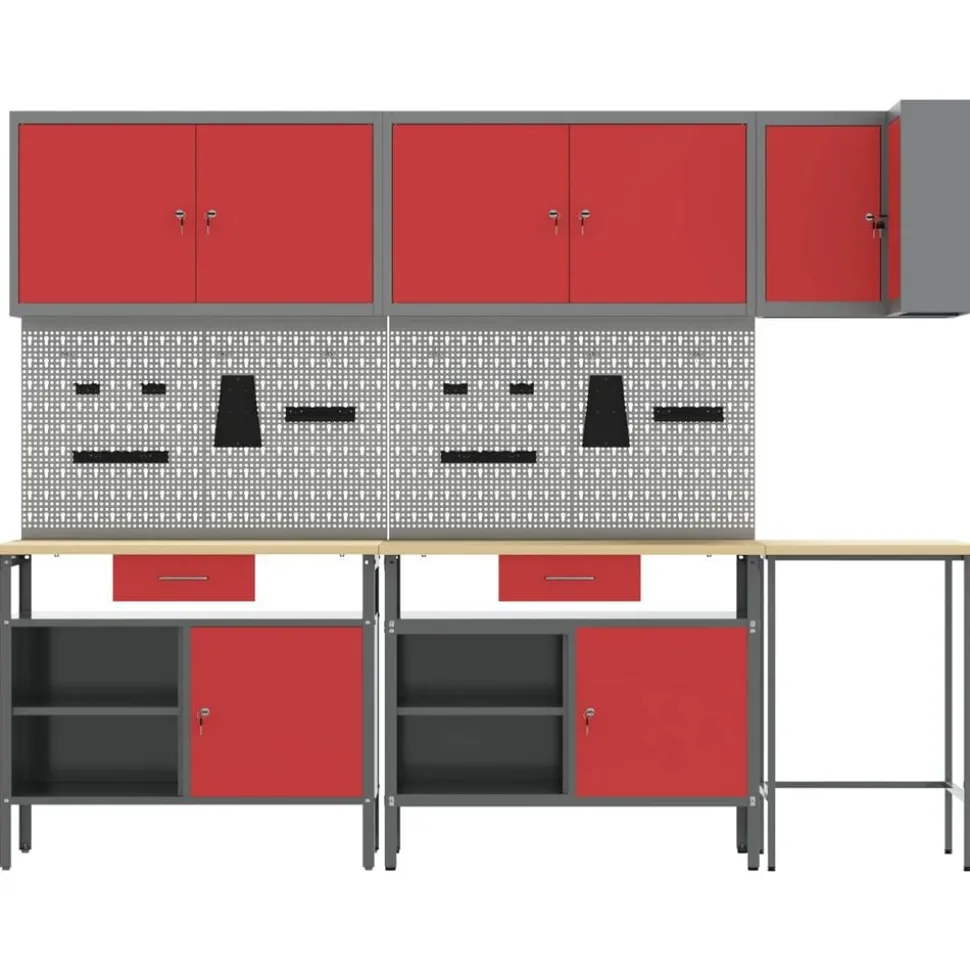 vidaXL Werkkast set met lade met plank met opslag 10 pcs Rood en Grijs