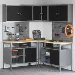vidaXL Werkkast set met lade met plank met slot 10 pcs Zwart en Grijs