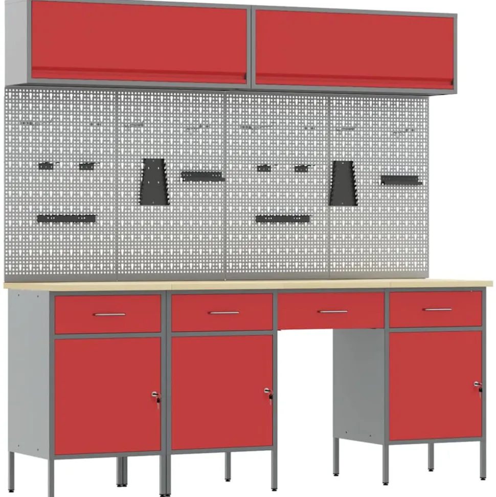 vidaXL Werkkast set met lade met opslag met slot 10 pcs Rood