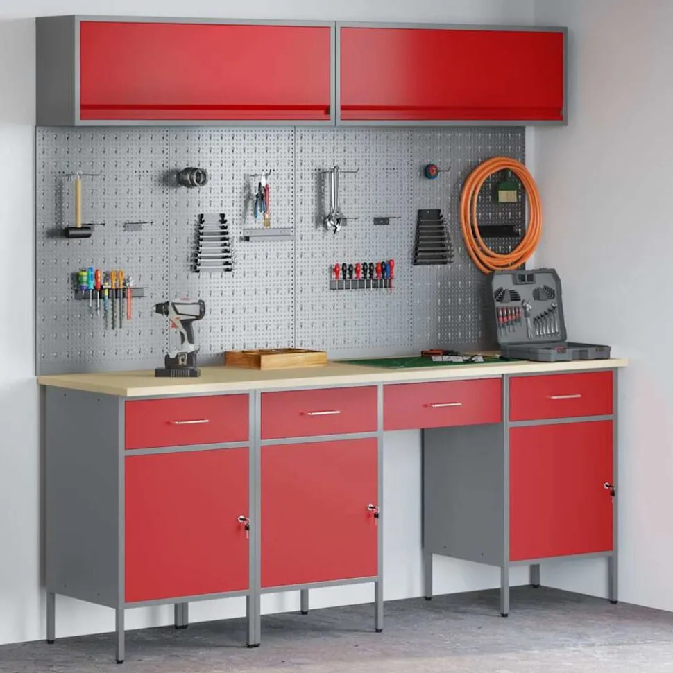 vidaXL Werkkast set met lade met opslag met slot 10 pcs Rood