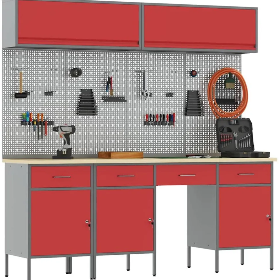vidaXL Werkkast set met lade met opslag met slot 10 pcs Rood