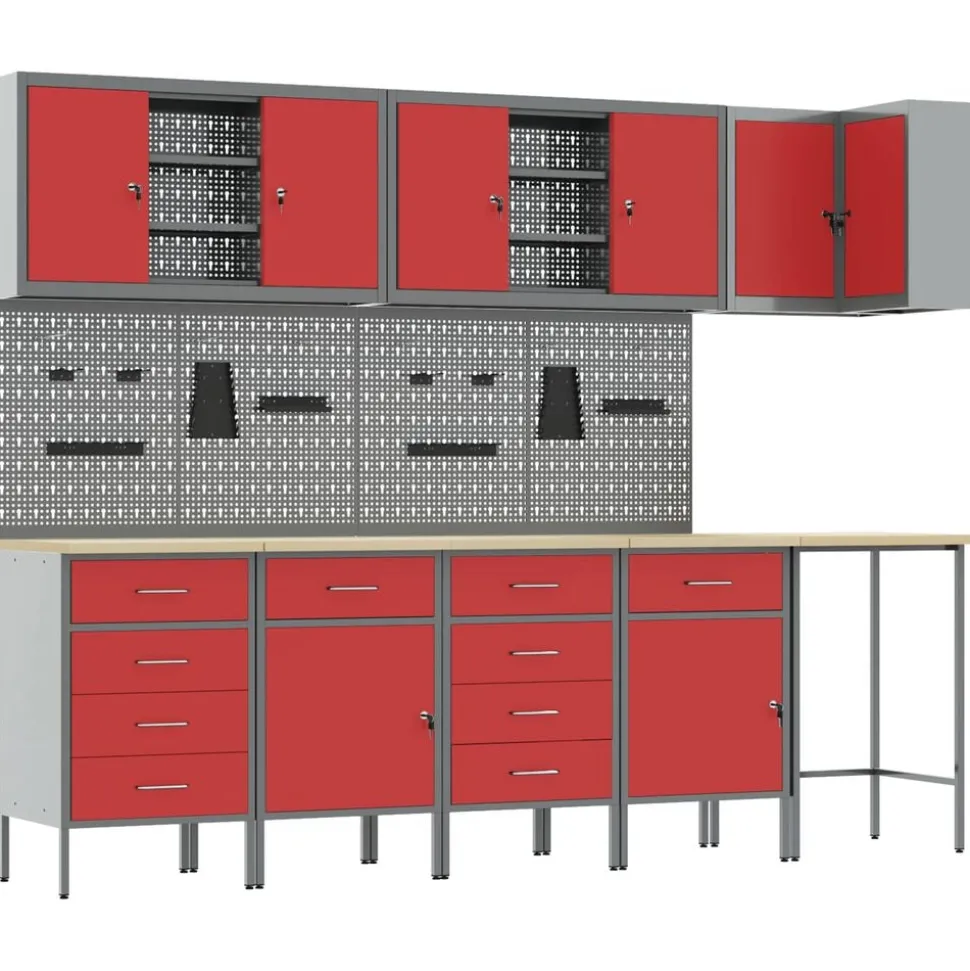 vidaXL Werkkast set met lade met plank met opslag 12 pcs Rood en Grijs