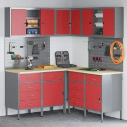 vidaXL Werkkast set met lade met plank met opslag 12 pcs Rood en Grijs