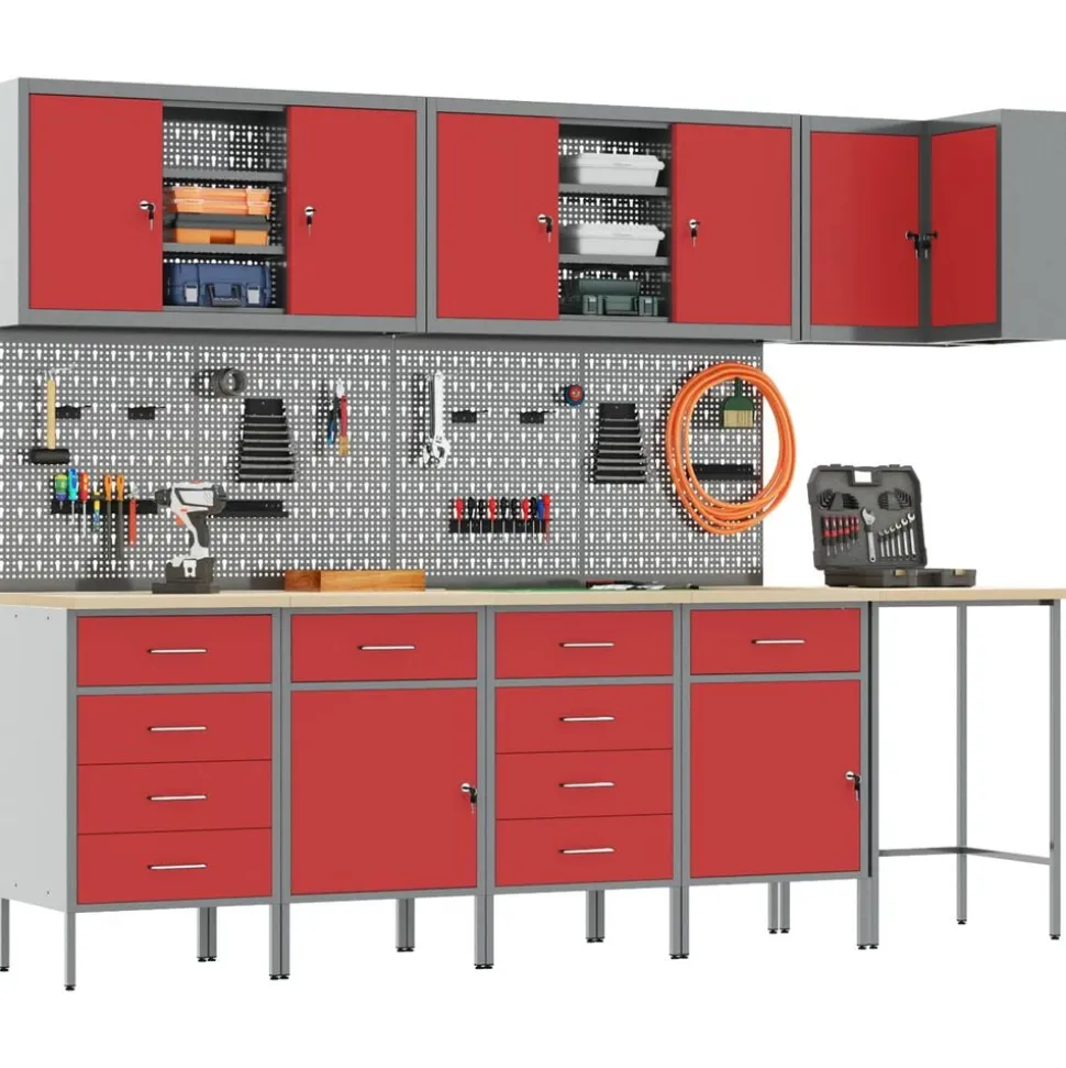 vidaXL Werkkast set met lade met plank met opslag 12 pcs Rood en Grijs