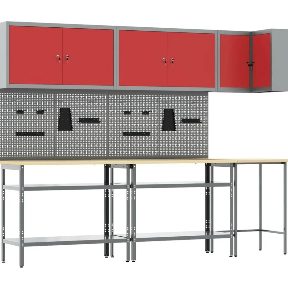 vidaXL Werkkast set met plank met opslag met slot 10 pcs Rood en Grijs