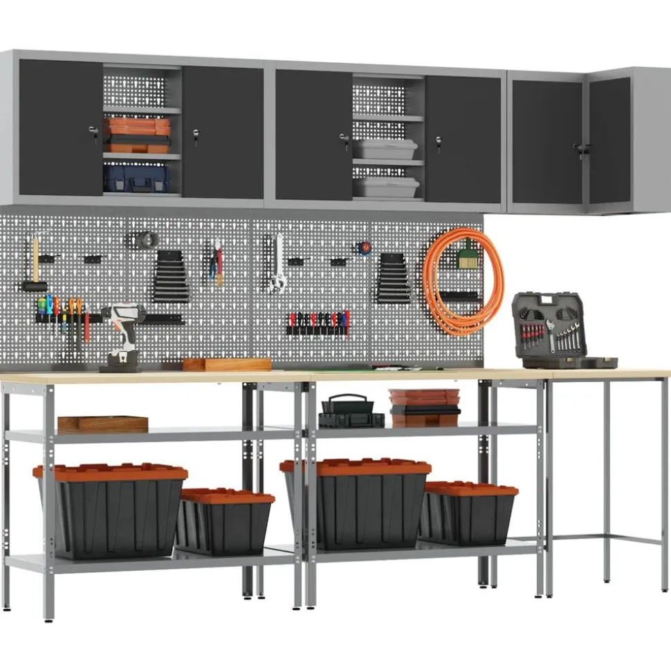 vidaXL Werkkast set met plank met opslag 10 pcs Zwart en Grijs