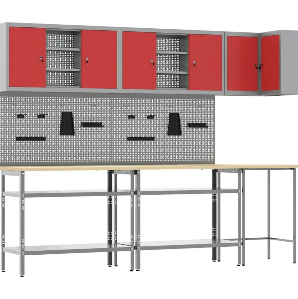 vidaXL Werkkast set met plank met opslag met slot 10 pcs Rood en Grijs