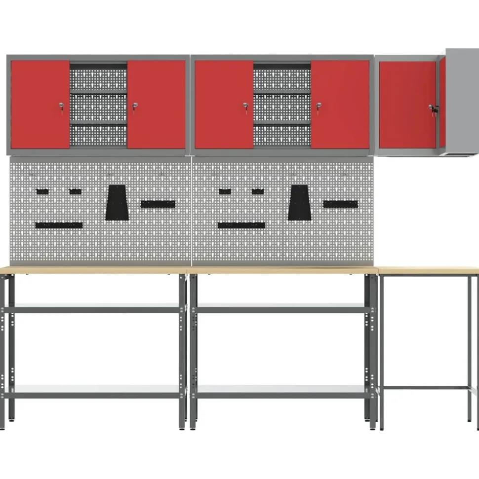 vidaXL Werkkast set met plank met opslag met slot 10 pcs Rood en Grijs