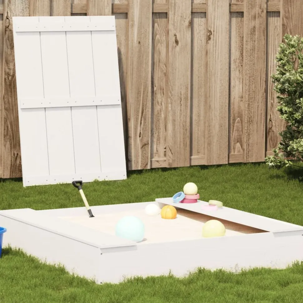 vidaXL Zandbak met deksel 111x111x19,5 cm massief grenenhout wit