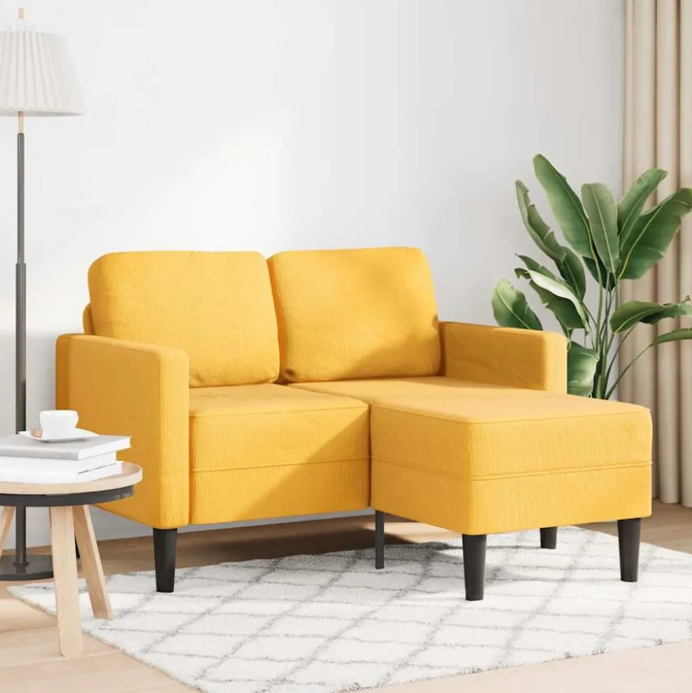 vidaXL 2-zitsbank met ligstoel L-vormig lichtgeel 125 cm linnen