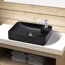 Wasbak met kraangat, keramiek, zwart